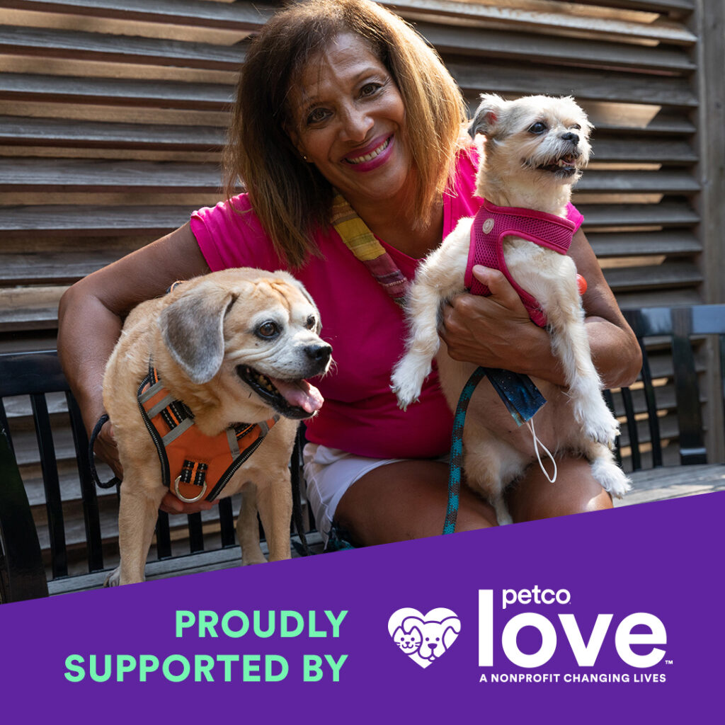 Edna, Maxine and Pepa smile for the camera, with an overlay graphic that says Proudly Supported by Petco Love