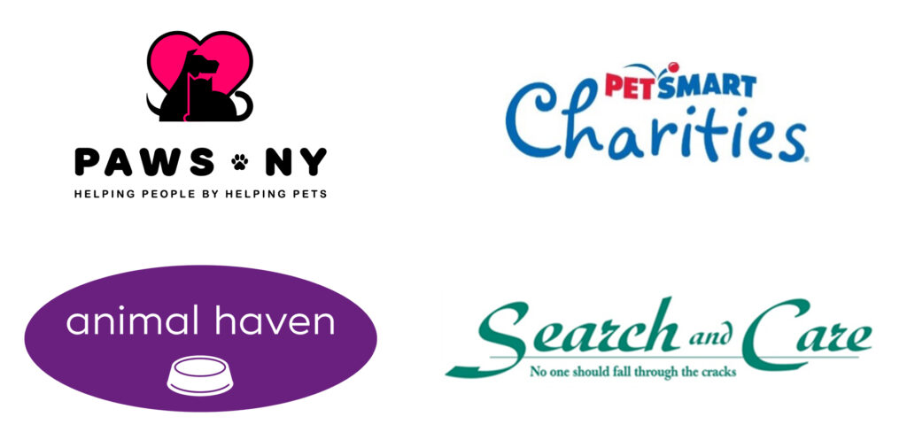 All four organizations' logos: PAWS NY, PetSmart Charities, Animal Haven, Search and Care