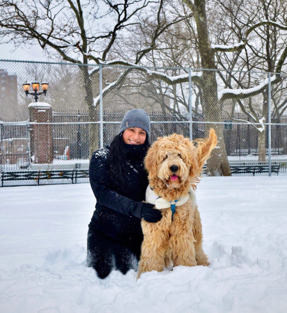 A woman in a black winter coat and grey hat crouches down in the snow, with a large fluffy dog next to her.