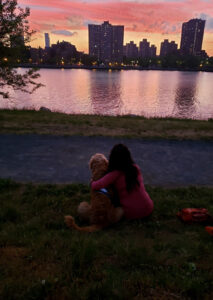 A pink & orange sunset over NYC in Central Park, with a woman hugging her dog and watching the sunset over the lake.