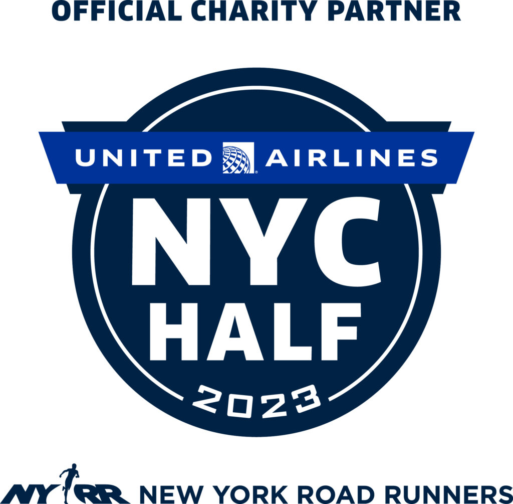 The logo for the United Airlines NYC Half 2023, for Official Charity Partners. Also includes New York Road Runners' logo at the bottom.