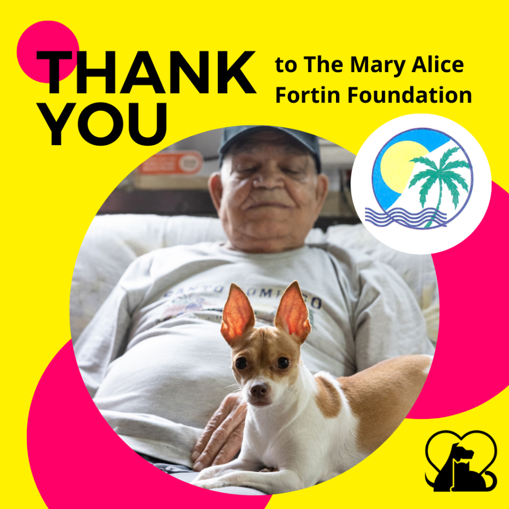 A graphic image that says "Thank you to The Mary Alice Fortin Foundation" with a photo of a PAWS NY client sitting on the couch with his dog. The logo for the Mary Alice Fortin Foundation is also included, along with a small PAWS NY logo in the bottom right corner.