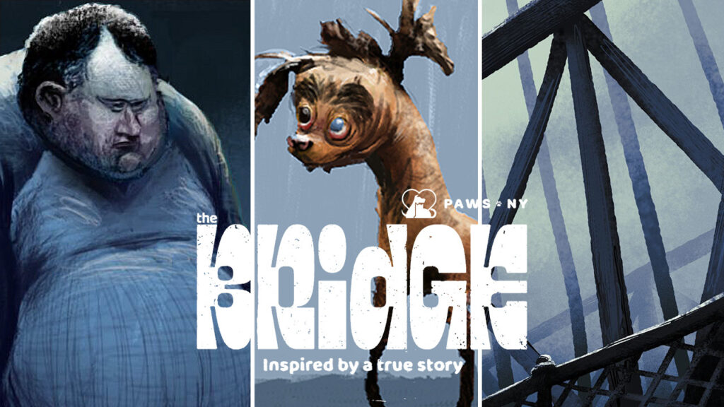 A three-panel image with screenshots from The Bridge short animated film: a man, a dog, and the Brooklyn Bridge.